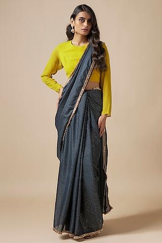 charcoal satin georgette foil printed saree set