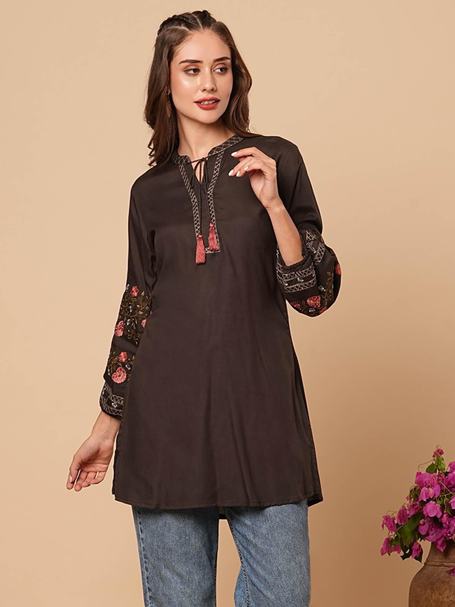 charcoal solid embroidered a-line short kurti