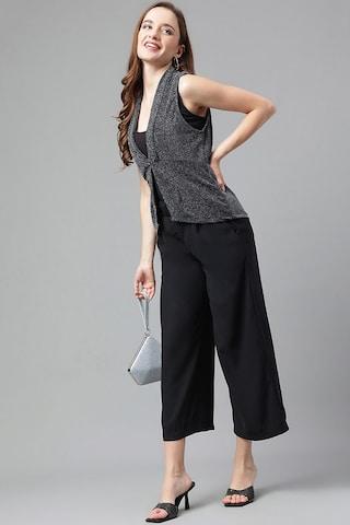 charcoal textured party sleeveless notch lapel women classic fit shrug