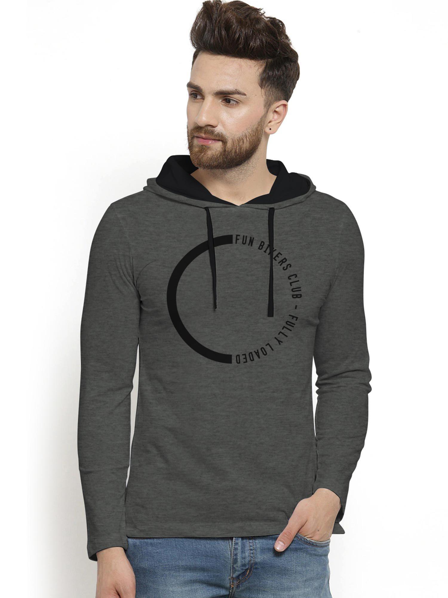 charcoal trendy printed hooded t-shirt for men