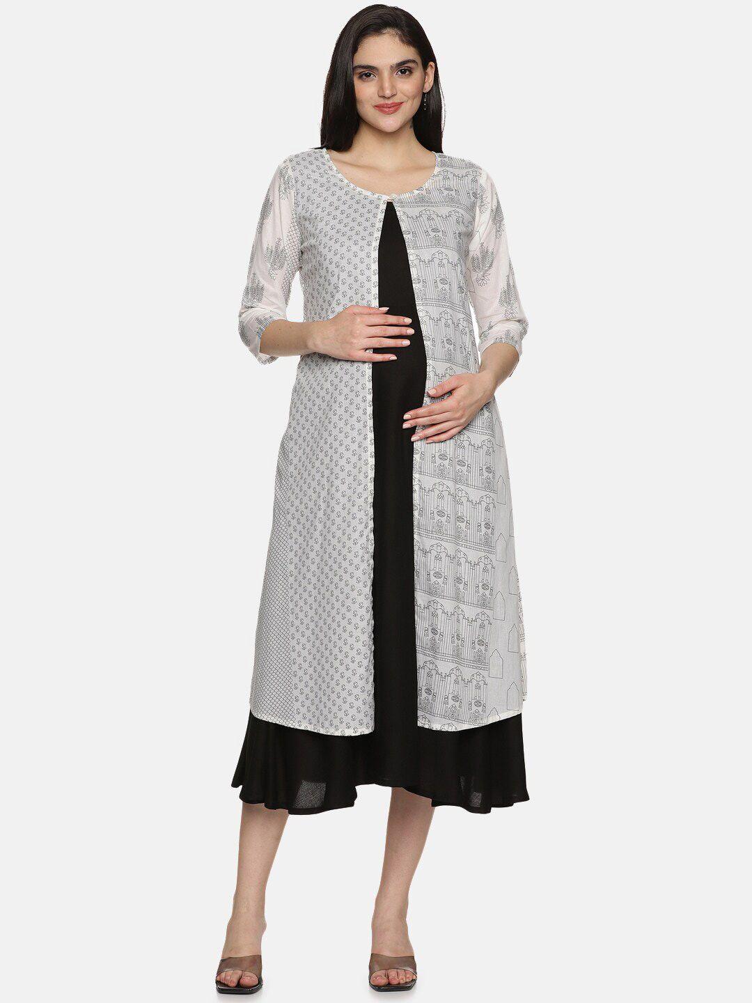 charismomic ethnic printed maternity a-line midi dress