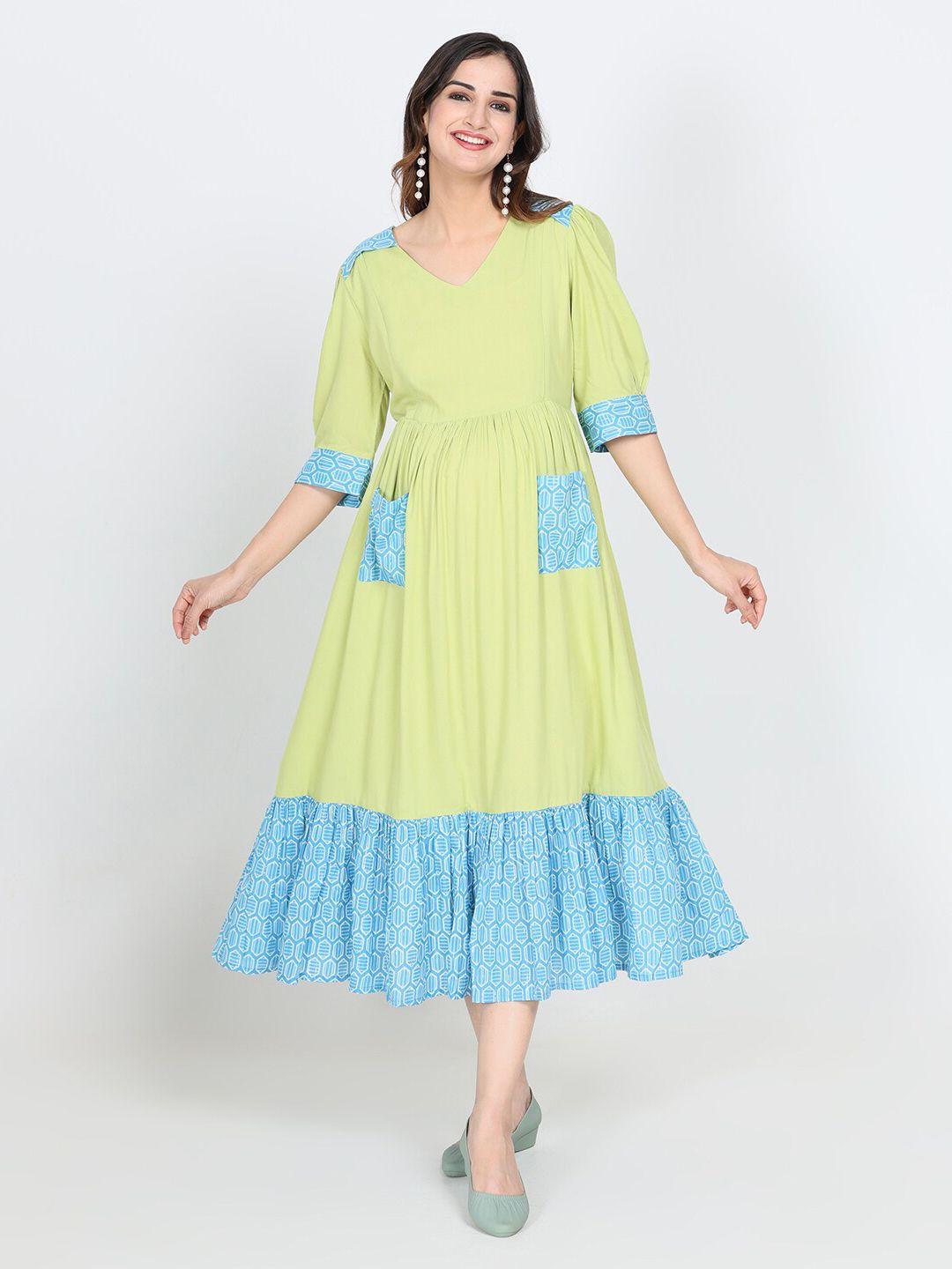 charismomic green colourblocked maternity fit & flare midi dress