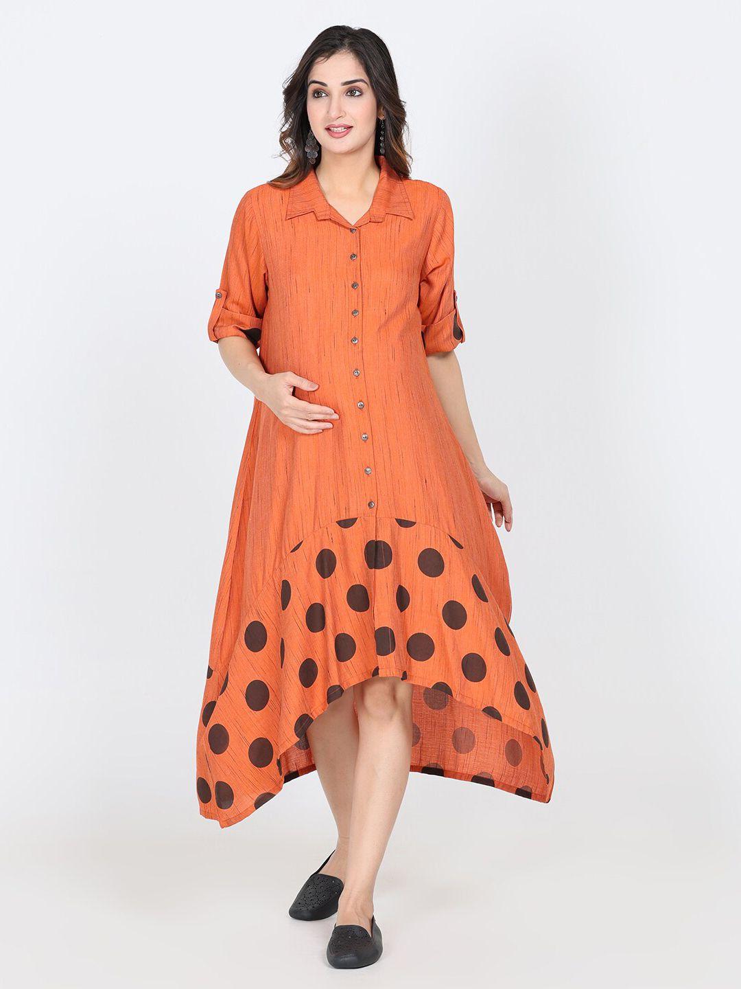 charismomic orange polka dot print maternity a-line midi dress