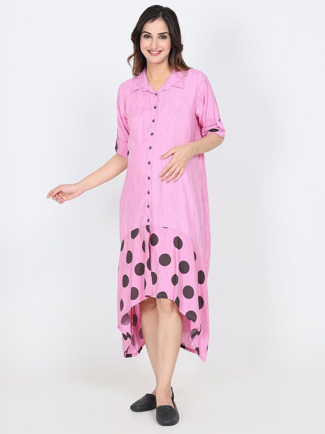 charismomic pink polka dot print maternity a-line midi dress