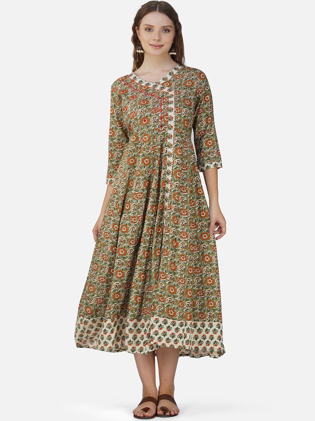 charitra floral printed fit and flare midi ethnic dress