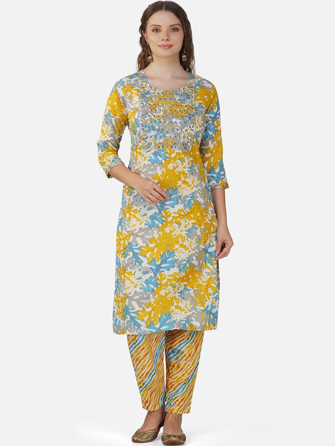 charitra floral printed thread work kurta with trousers