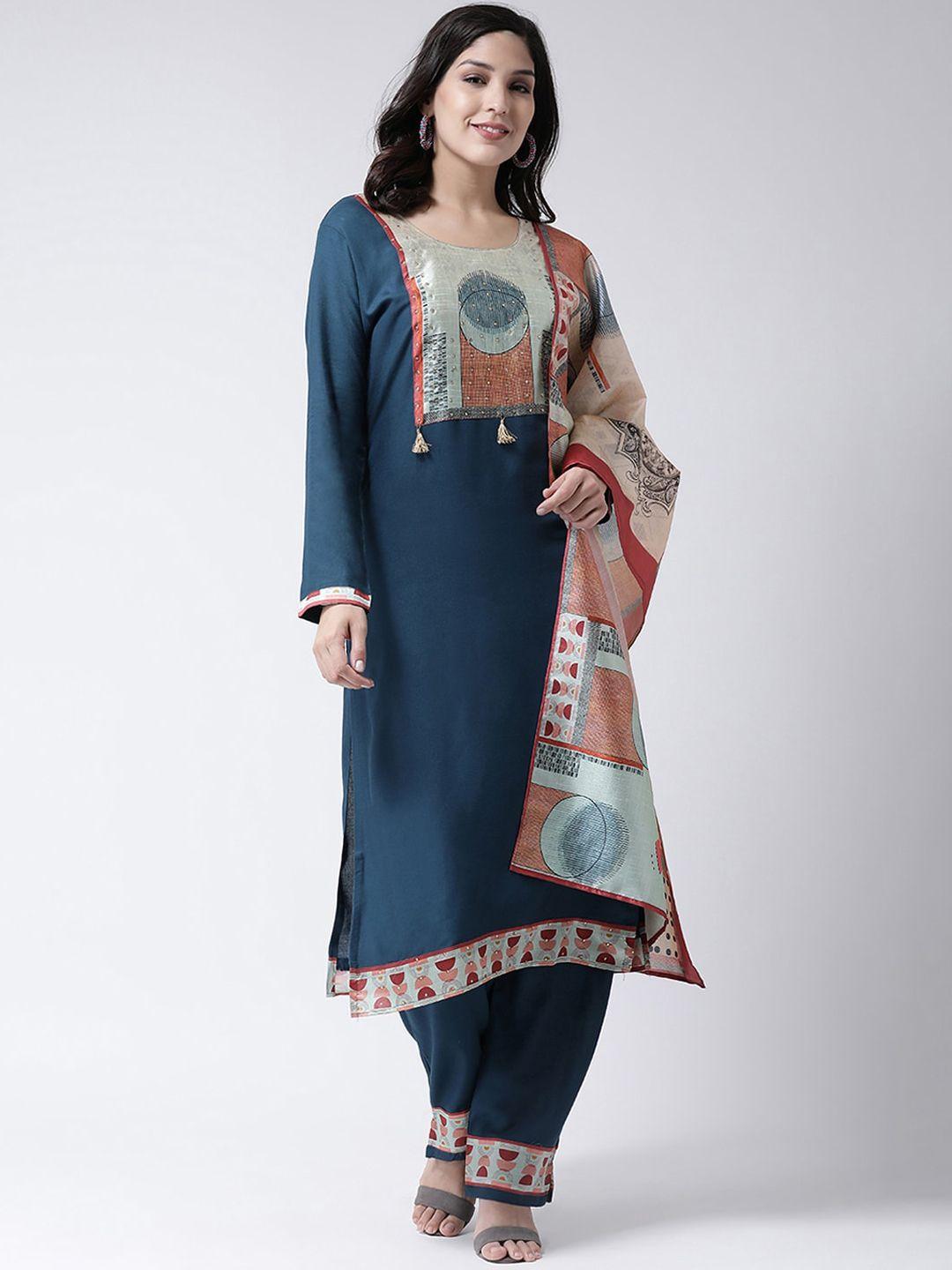 charitra printed long sleeves beads and stones kurti with trousers & with dupatta
