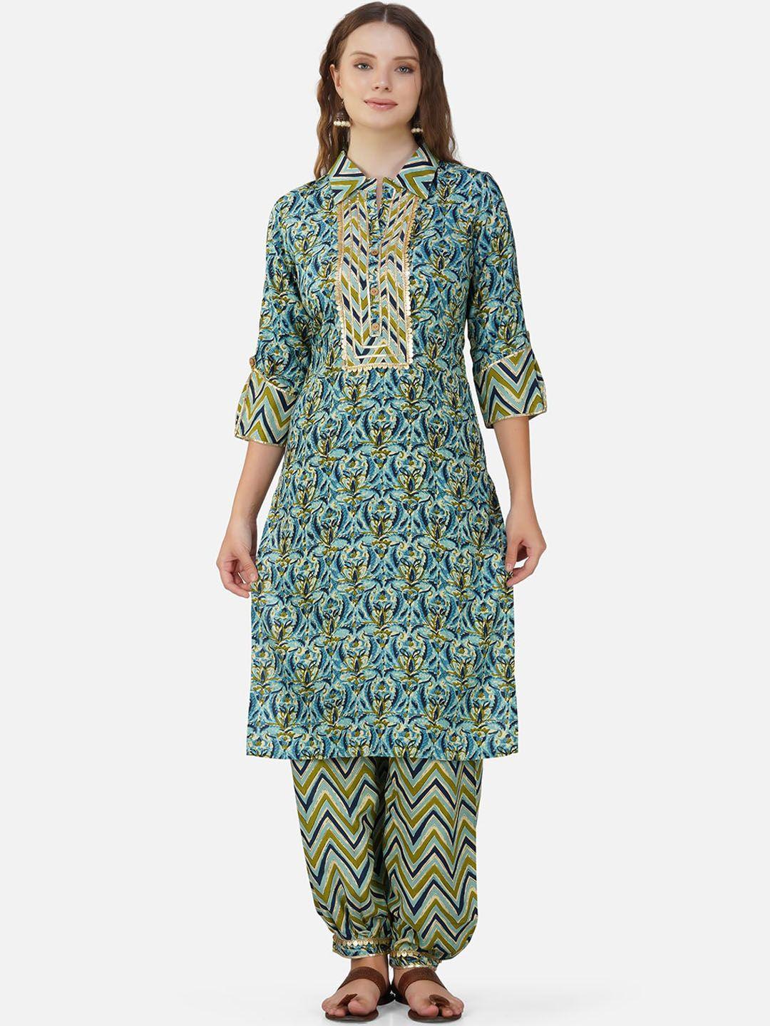 charitran ethnic motifs printed gotta patti kurta with harem pants