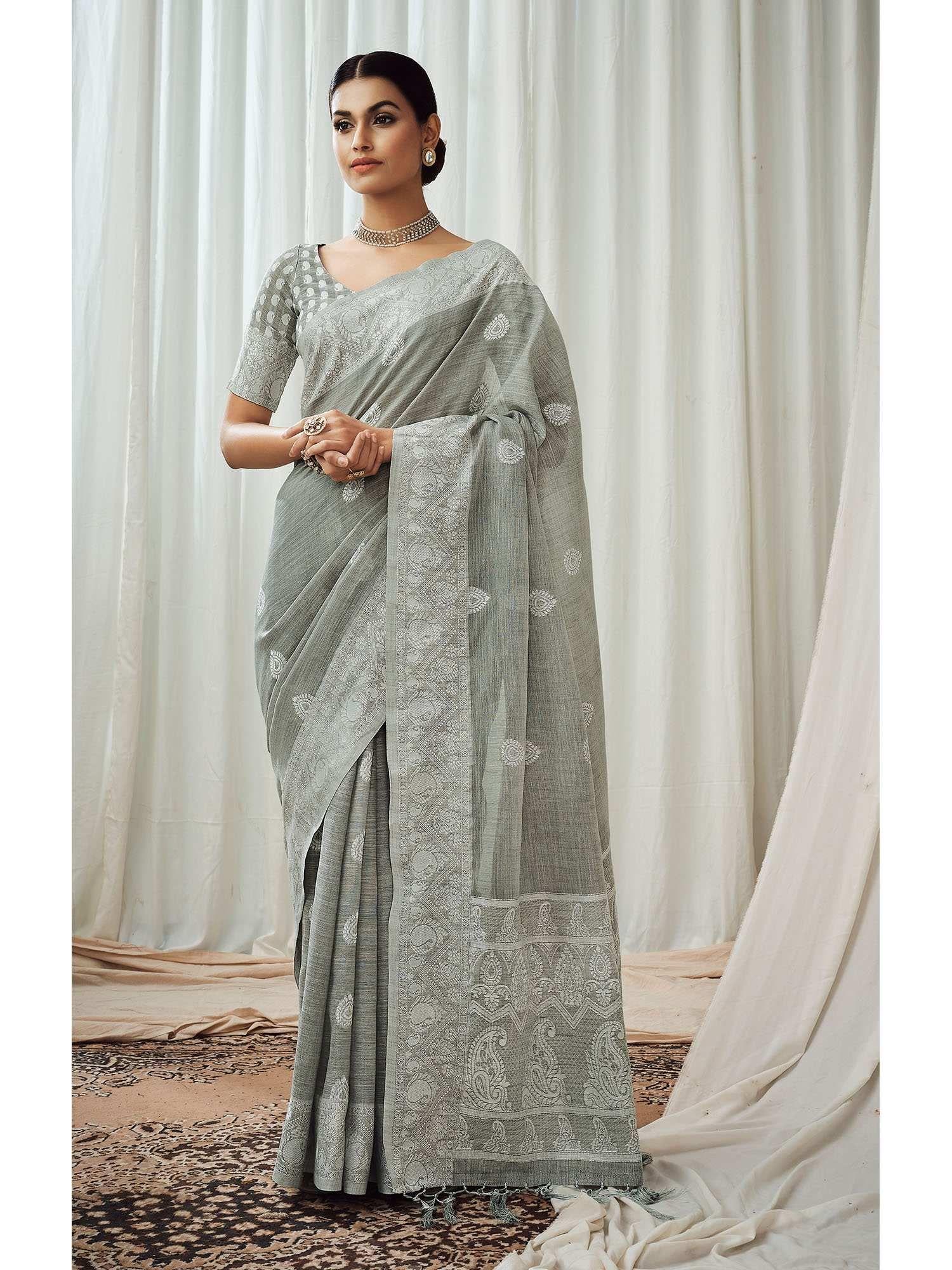 charkha : grey linen saree with unstitched blouse