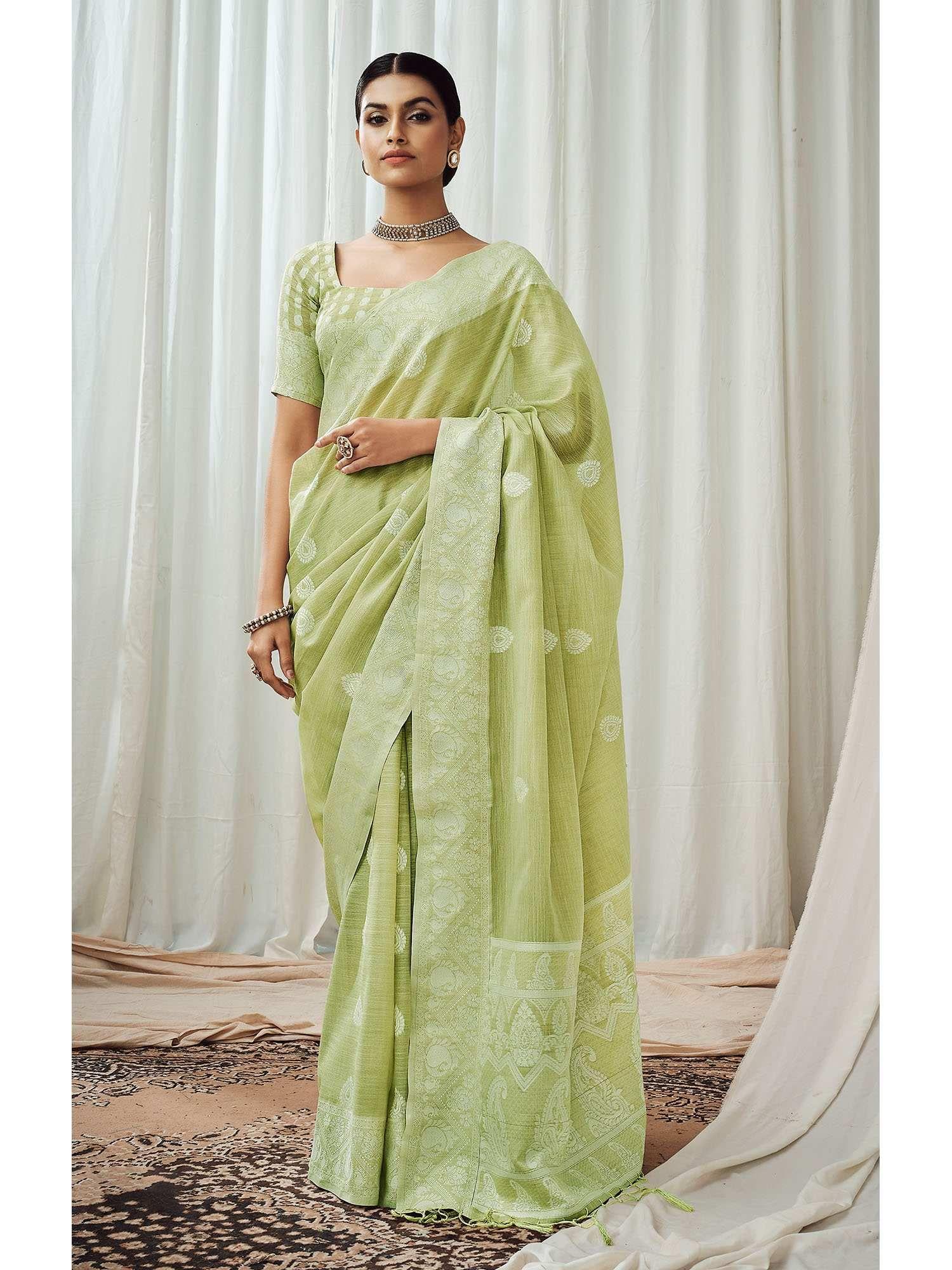 charkha : lime green linen saree with unstitched blouse