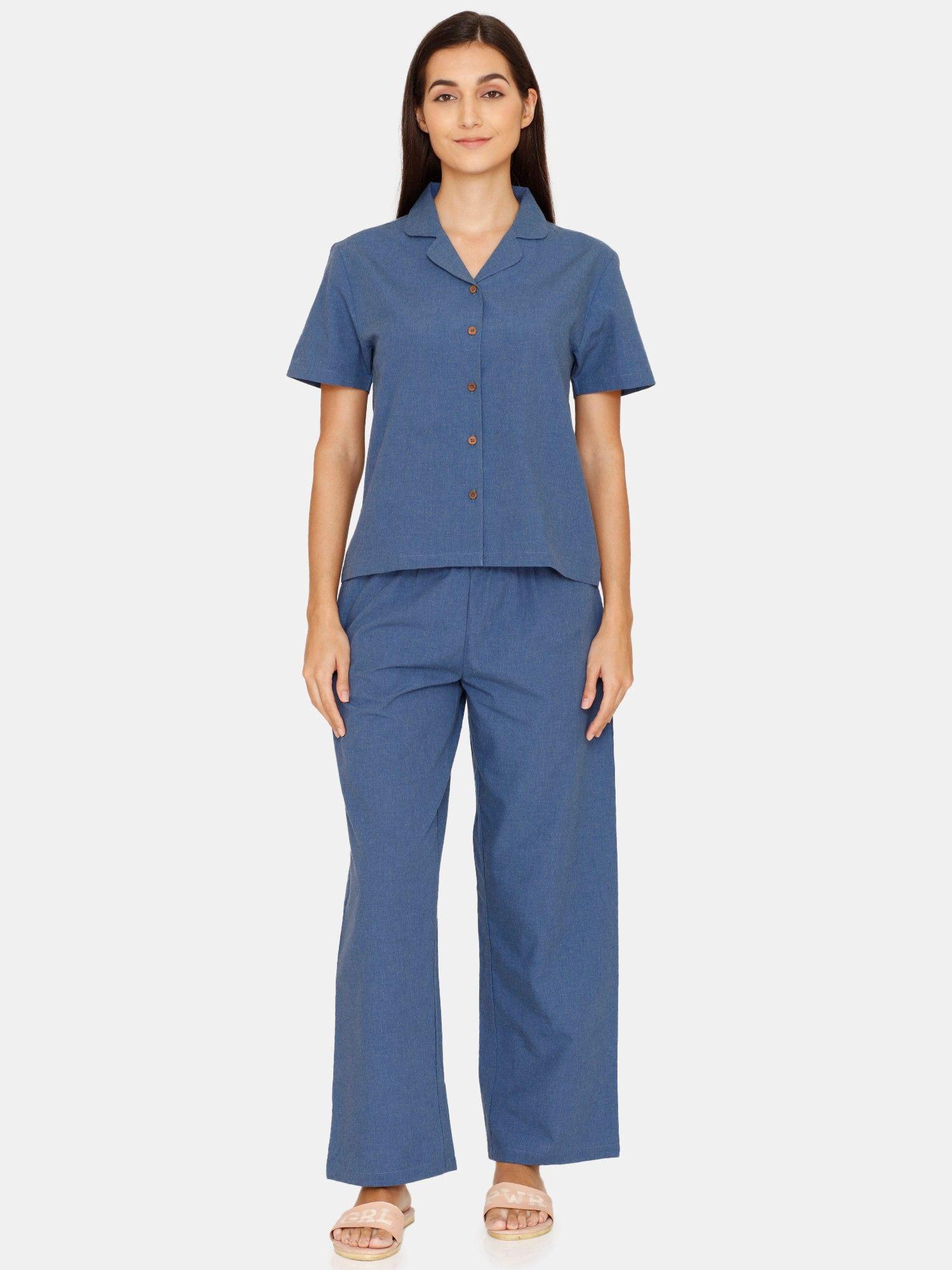 charkha woven pyjama set - sailor blue