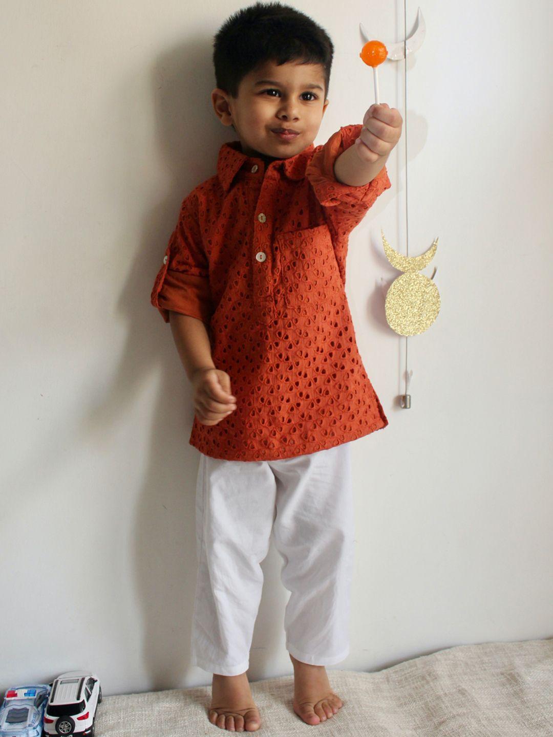 charkhee boys floral regular thread work pure cotton kurta with pyjamas