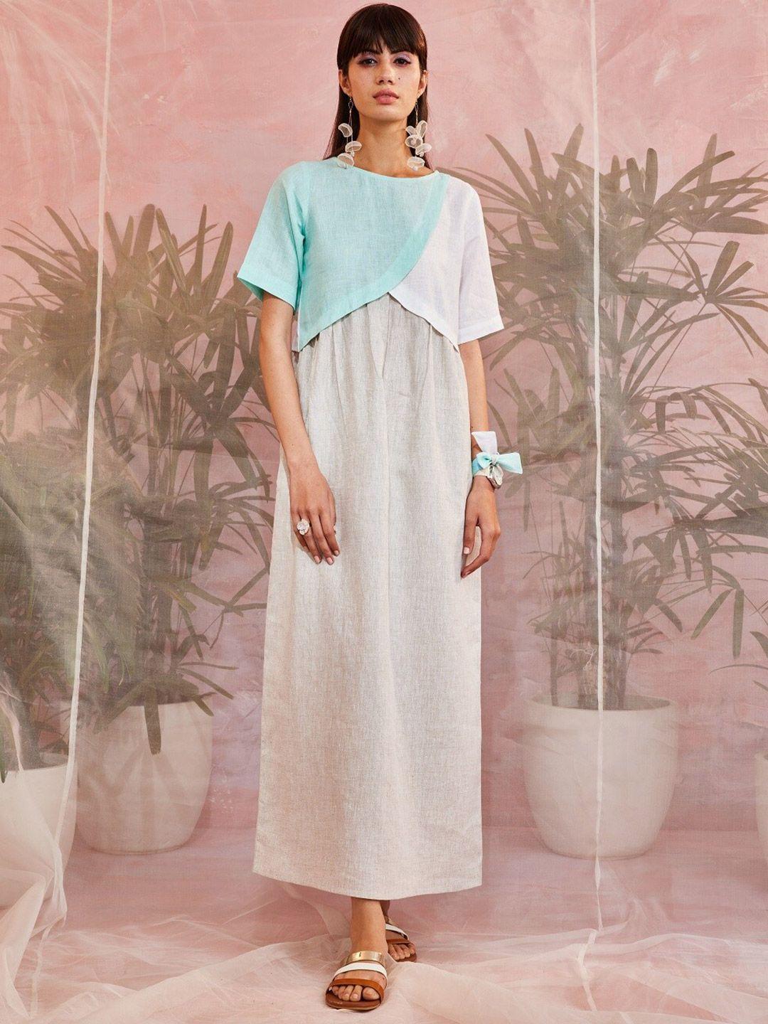 charkhee contrast flap detail linen a-line maxi dress