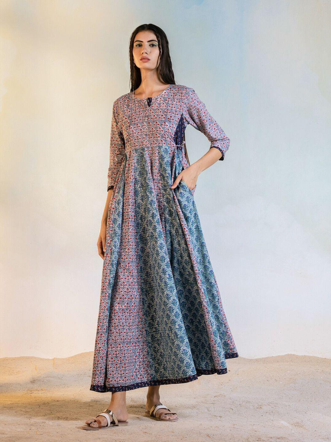 charkhee ethnic motifs printed fit & flare cotton ethnic dress