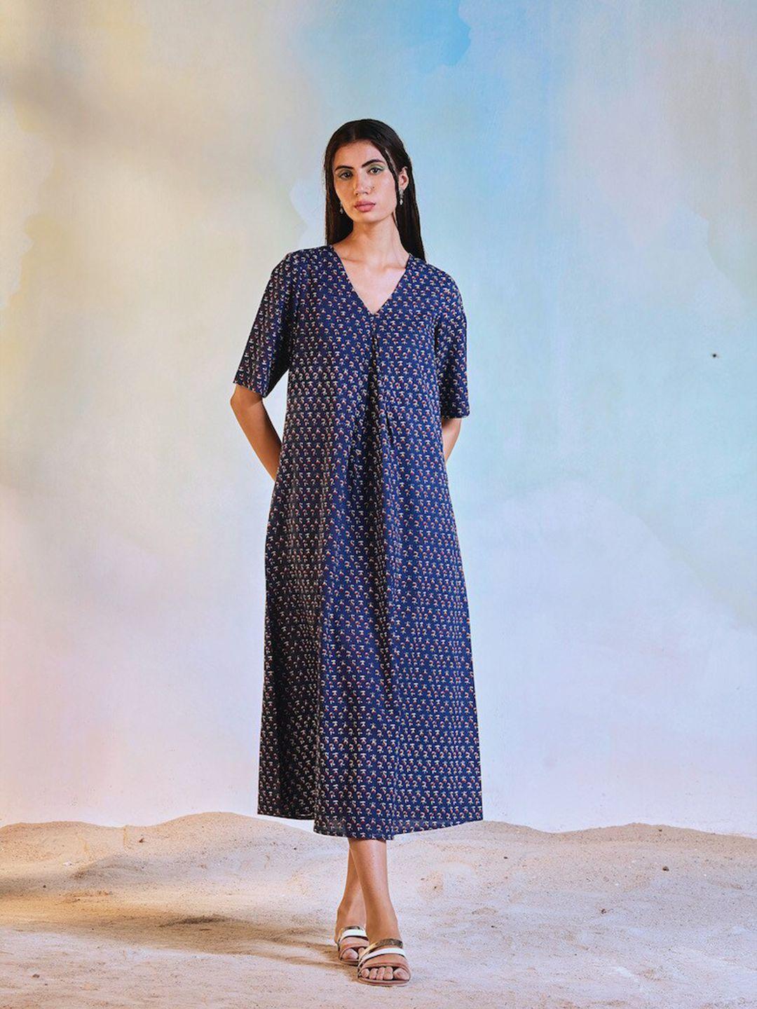 charkhee floral printed v-neck cotton midi a-line ethnic dress