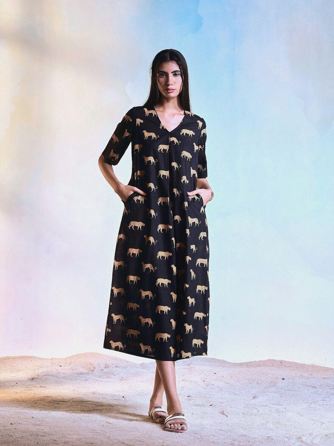 charkhee printed v neck a-line cotton midi dress