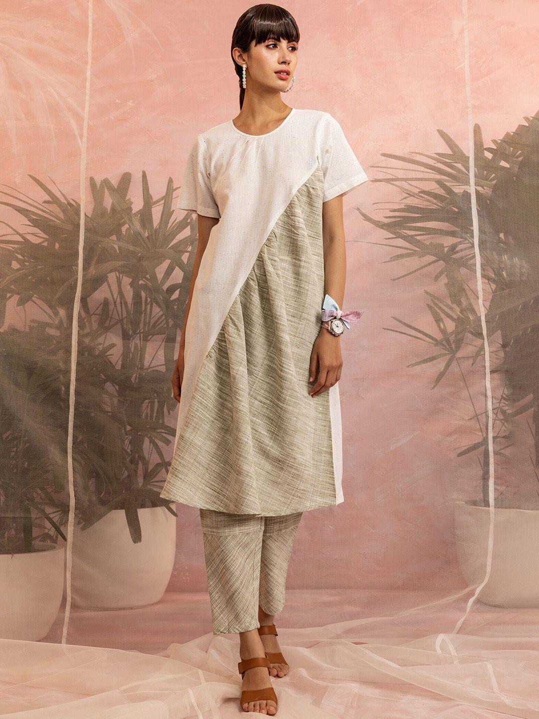charkhee women colourblocked layered patchwork pure cotton kurta with trousers