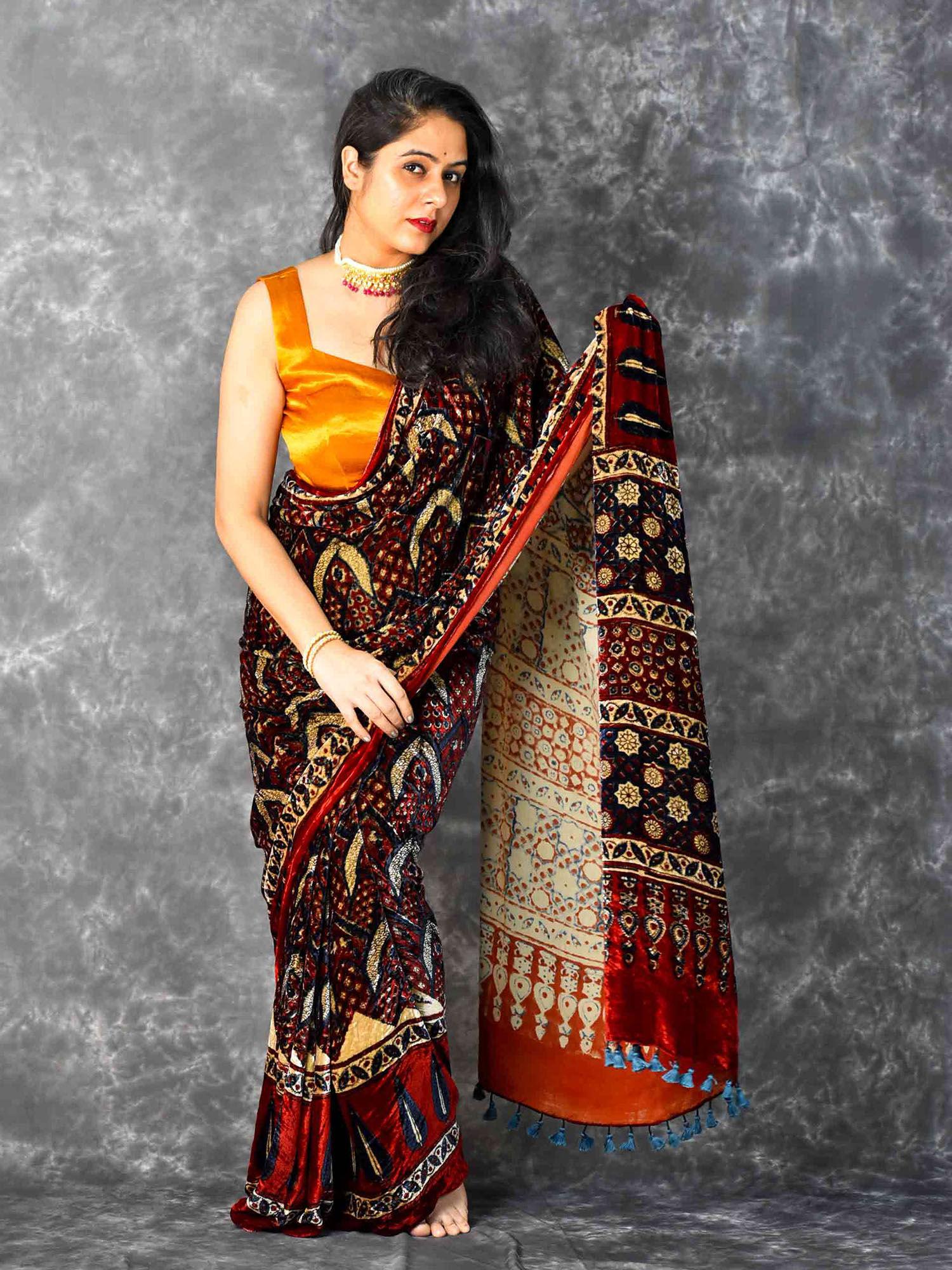 charlotte ajrakh silk velvet saree without blouse