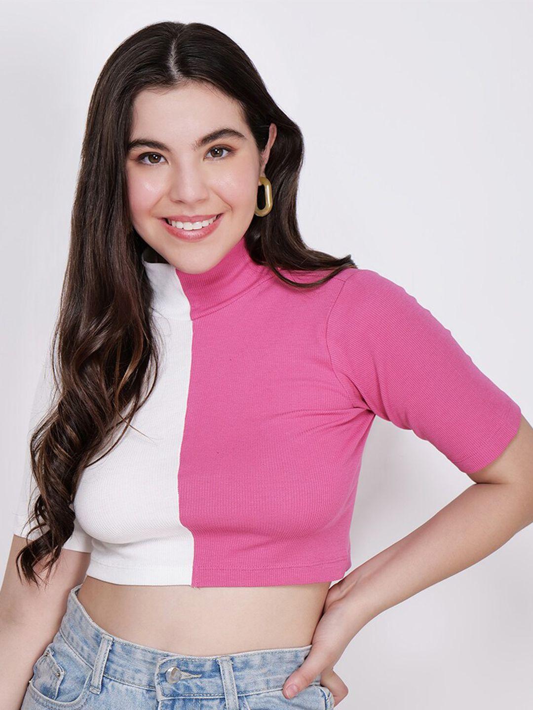 charmgal colourblocked high neck crop fitted top