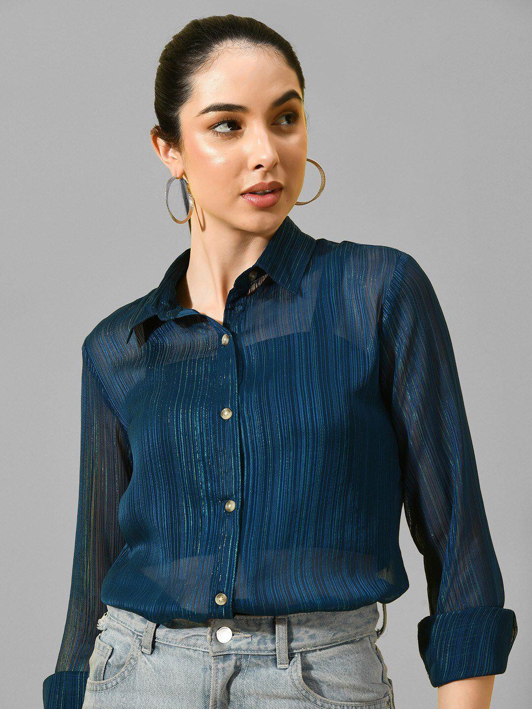 charmgal women blue classic opaque striped casual shirt