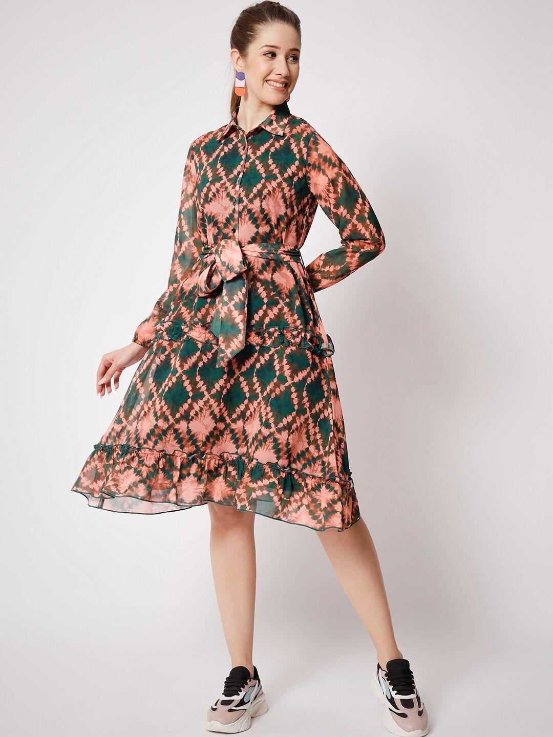 charmgal abstract printed puff sleeves fit & flare dress with belt