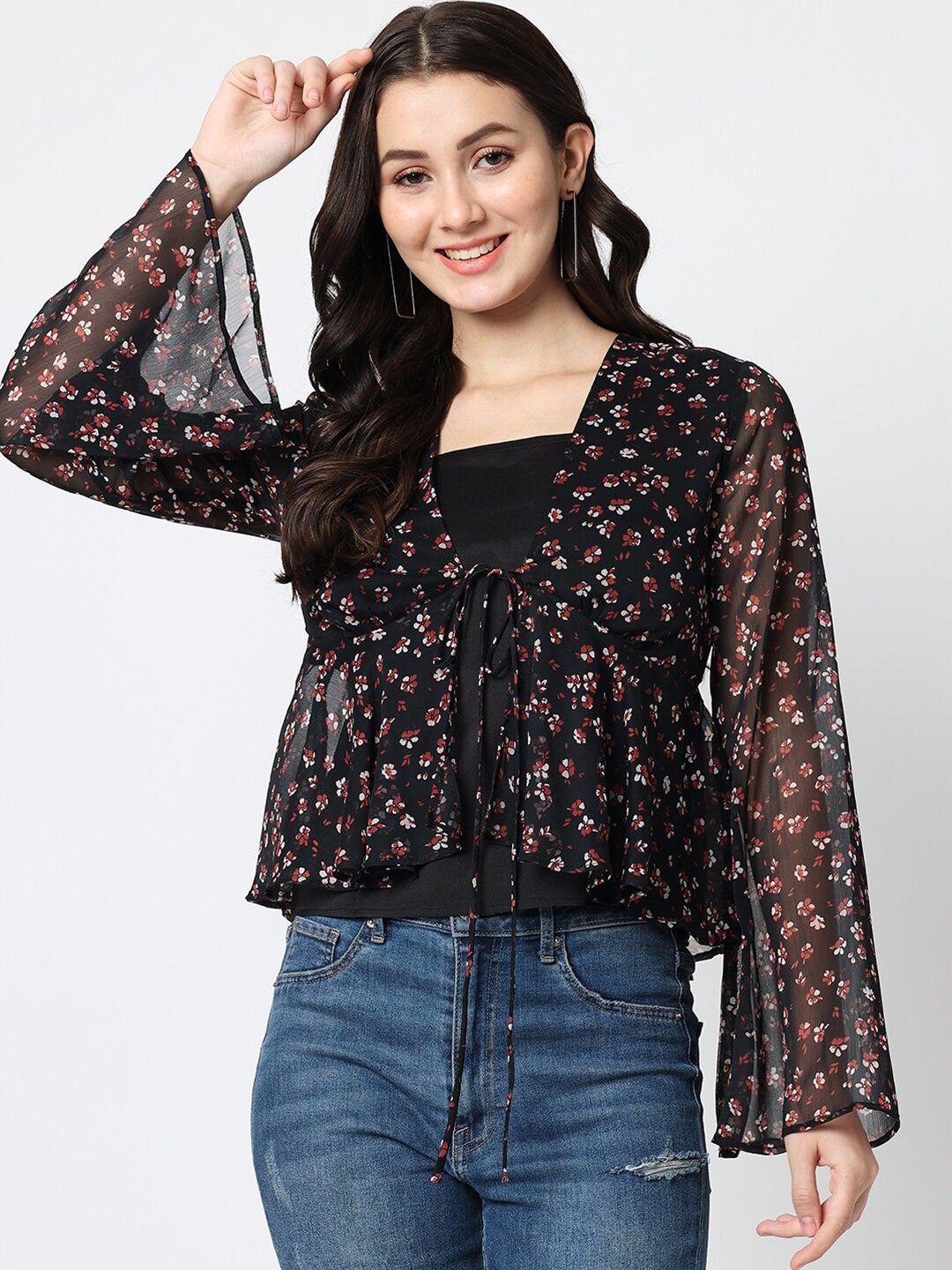 charmgal black floral print chiffon empire crop top