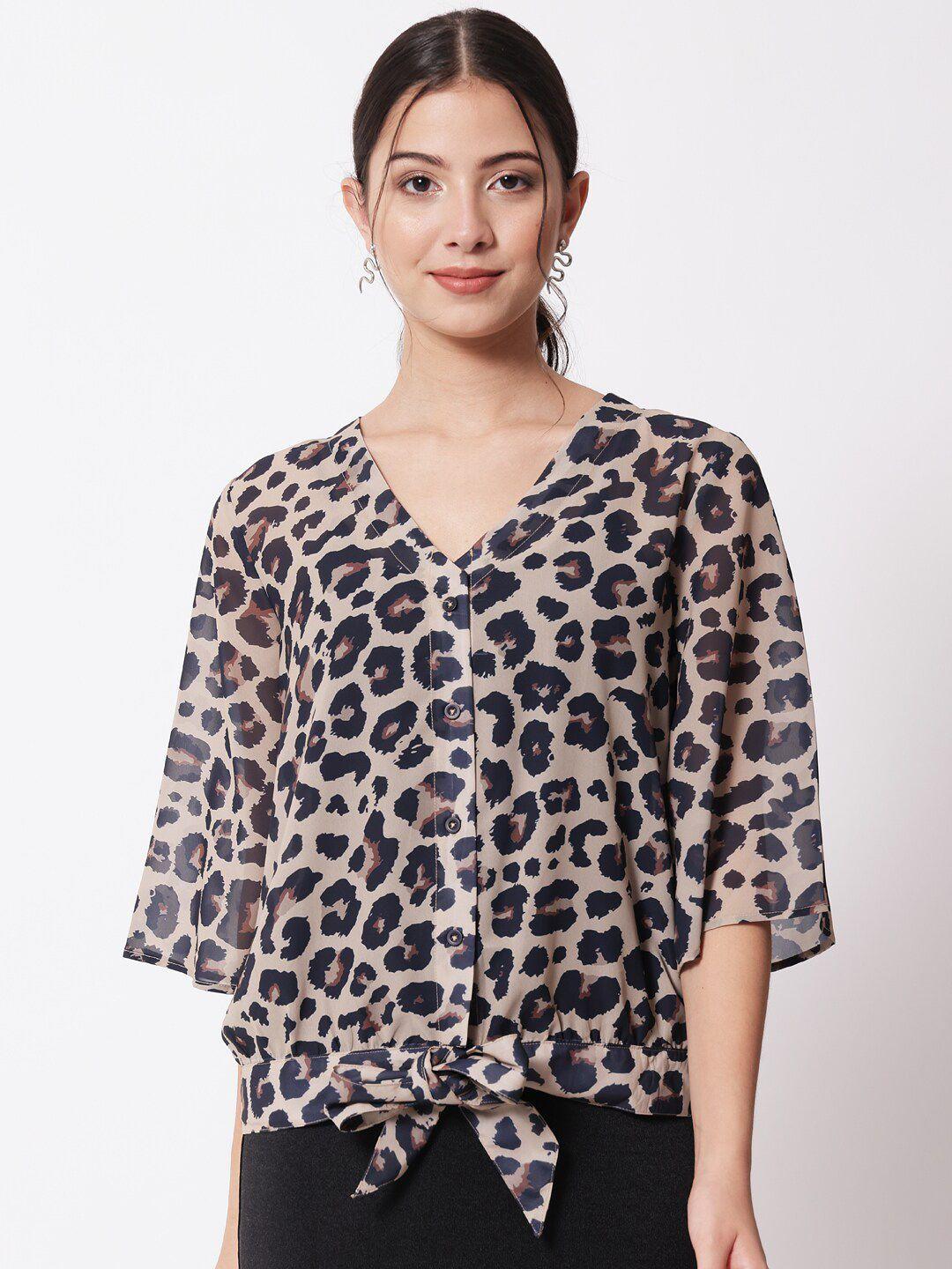 charmgal brown animal print extended sleeves crepe styled back top