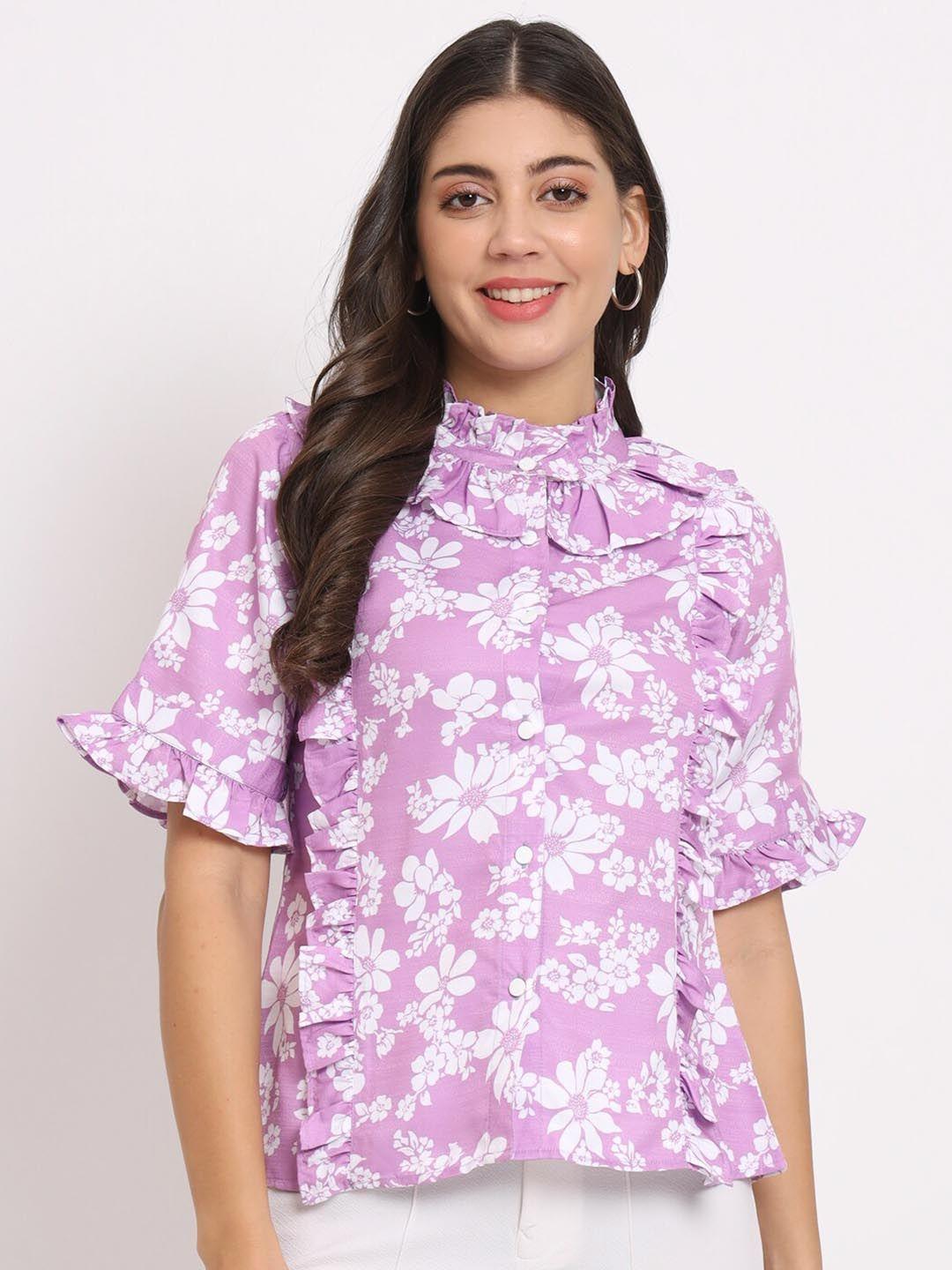 charmgal floral printed high neck ruffles detailed top