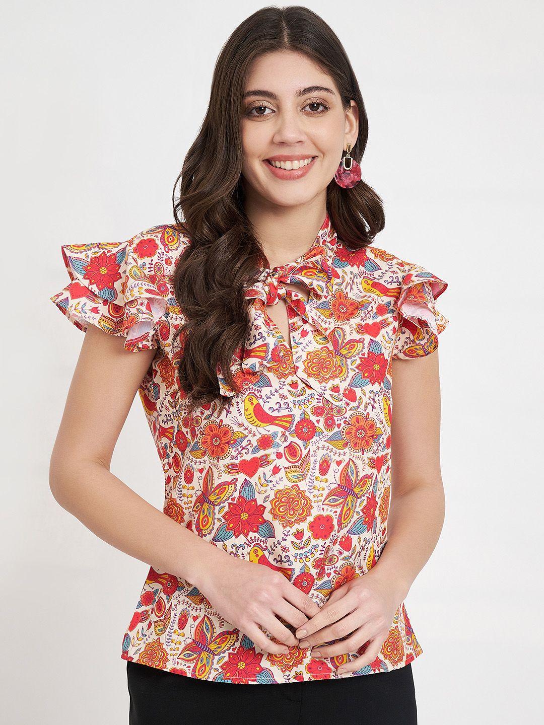 charmgal floral printed tie-up neck short sleeves flutter sleeve crepe top