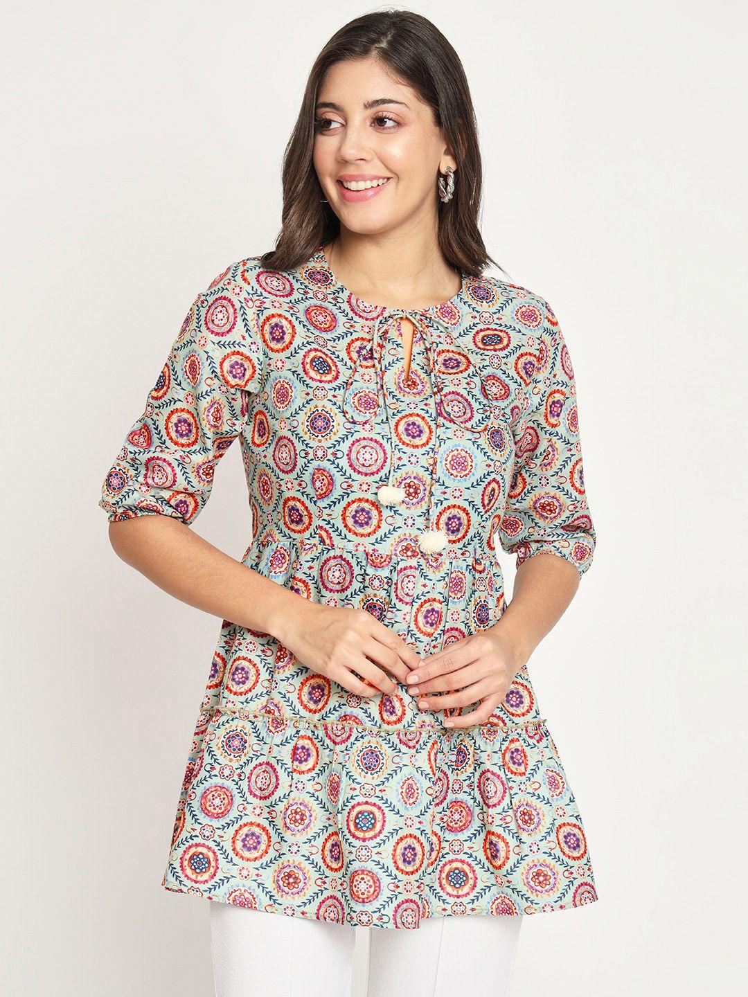 charmgal floral printed tie-up neck three-quarter sleeve pleated tunic