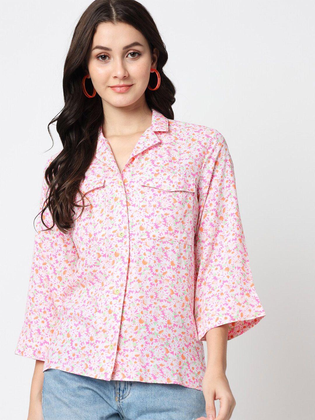 charmgal pink floral print mandarin collar shirt style top