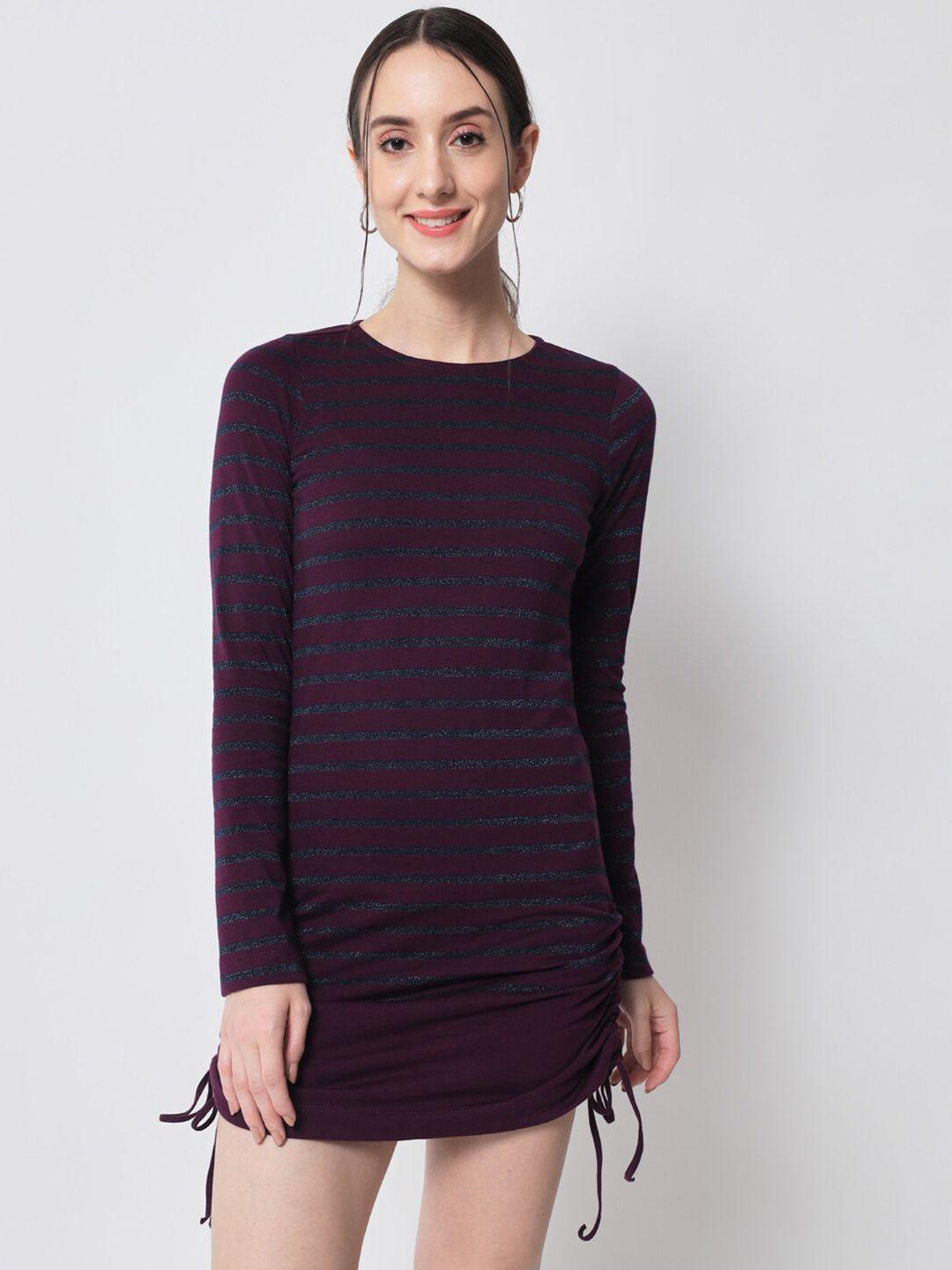 charmgal purple & grey melange striped long sleeves bodycon mini cotton dress