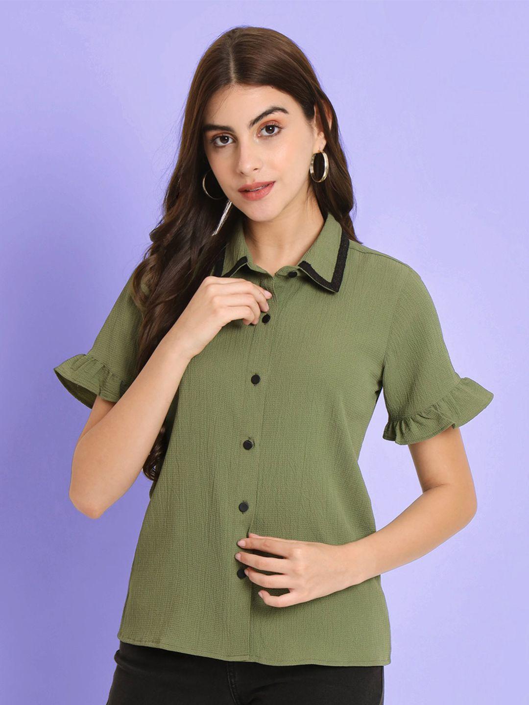 charmgal shirt collar short sleeves ruffled regular top