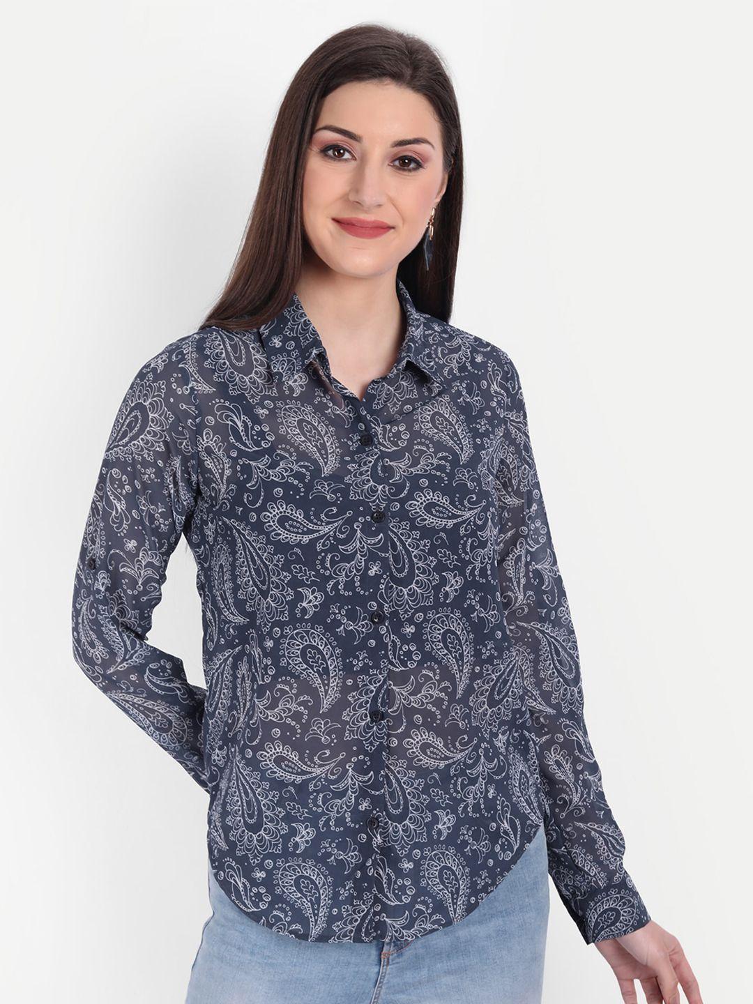 charmgal women blue & white relaxed semi sheer paisley printed casual shirt