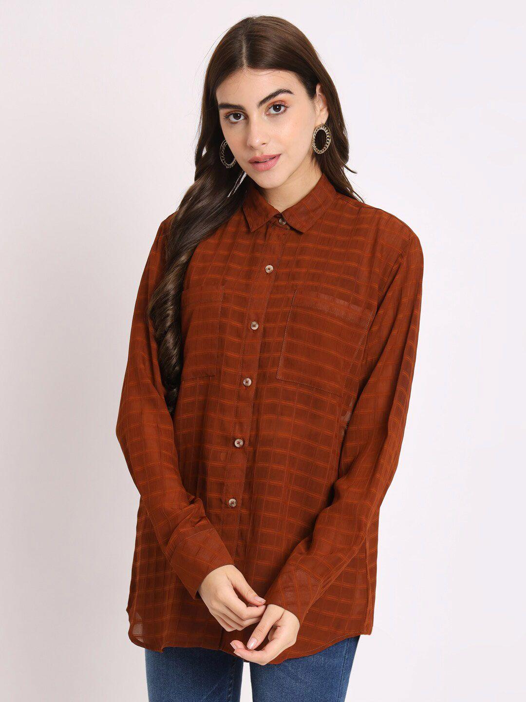 charmgal women brown classic tartan checks opaque checked casual shirt