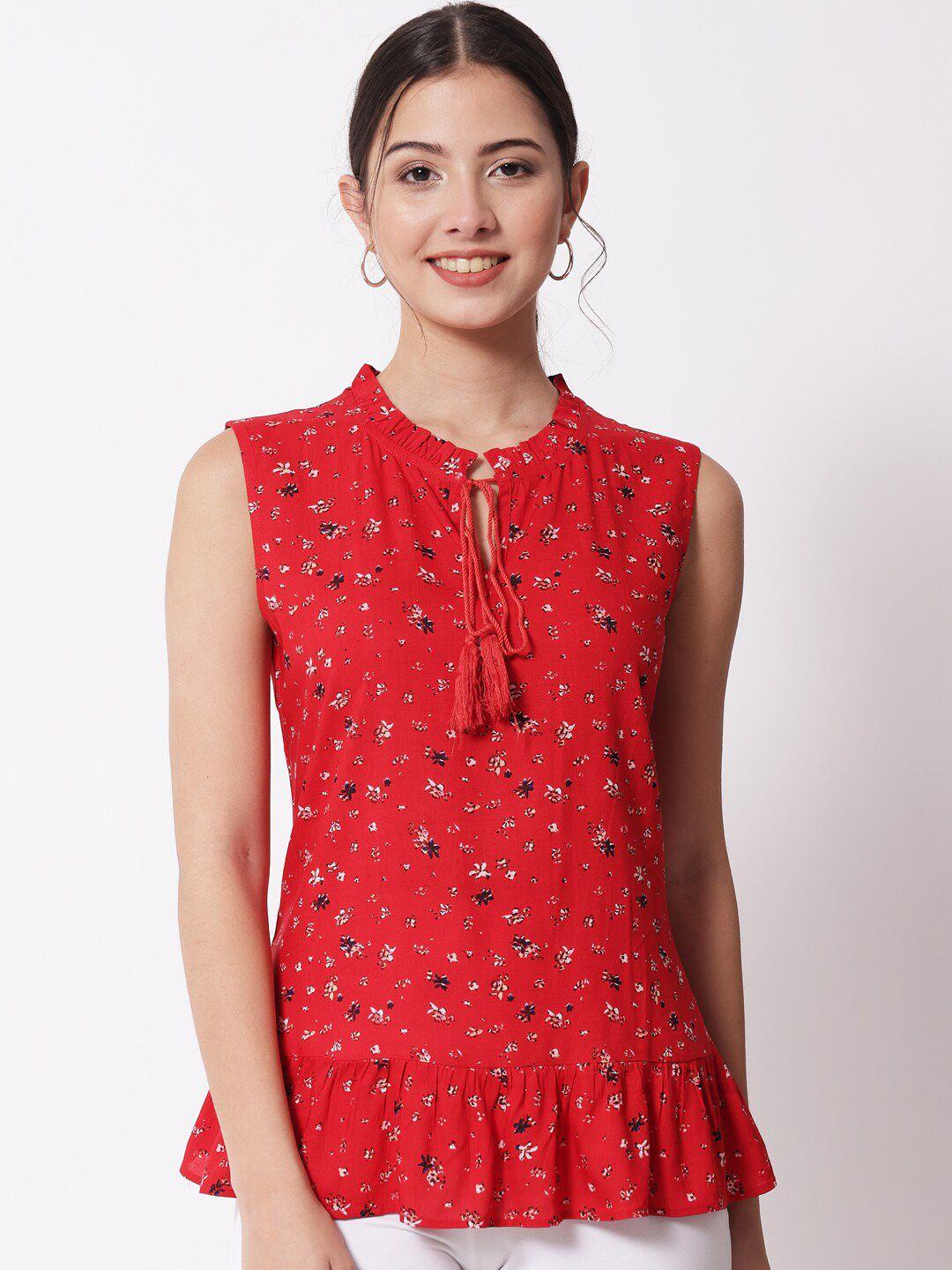 charmgal women red floral print tie-up neck top