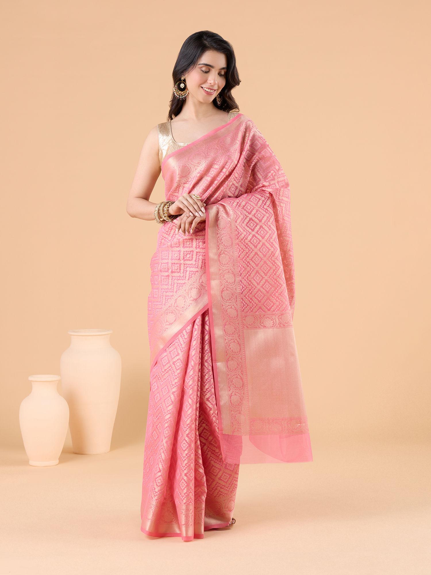 charming all over desgin with gold zari border festive pink saree & unstitched blouse