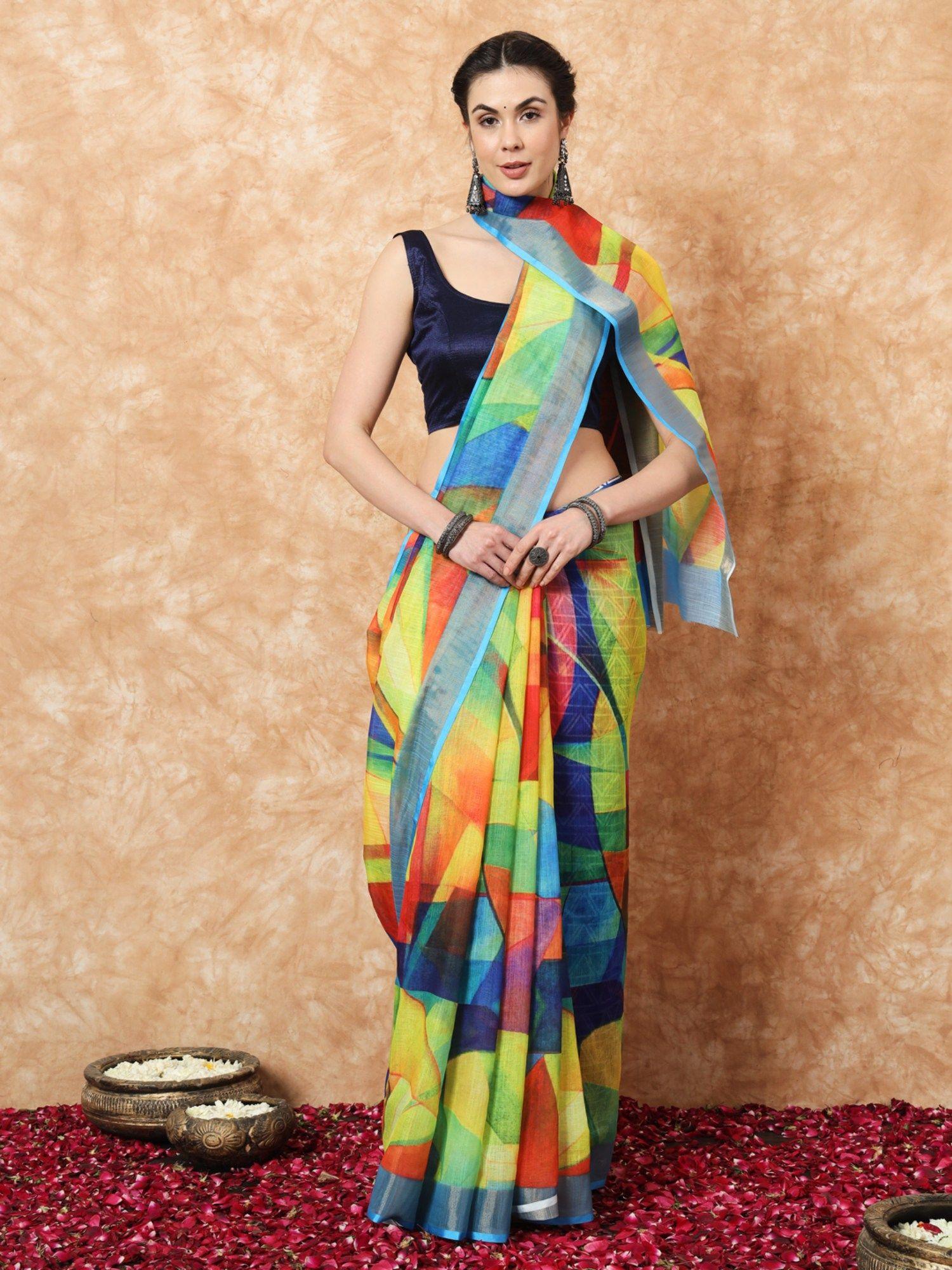 charming hues multi-color linen printed saree with unstitched blouse