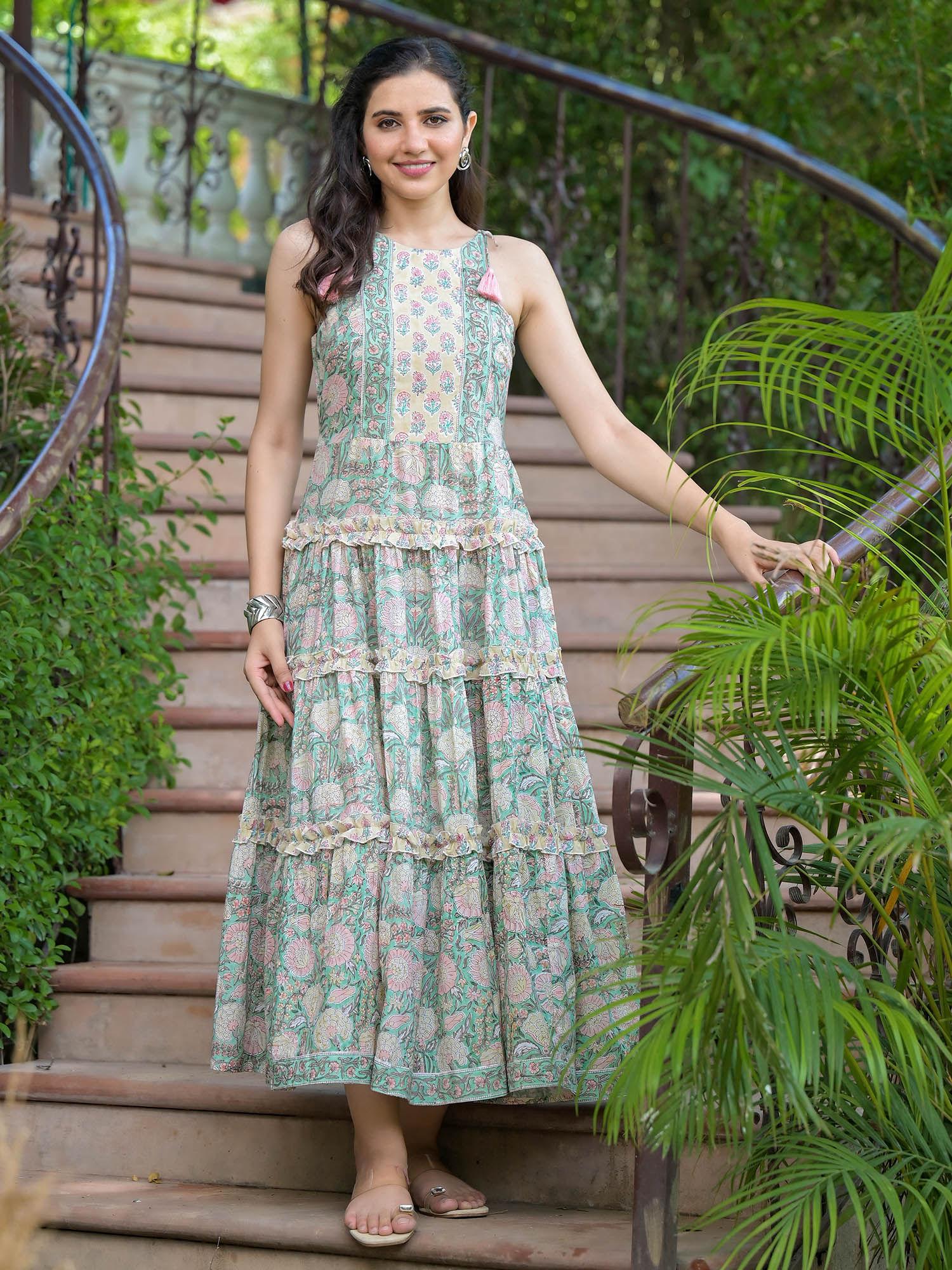 charming pea green floral print tired tie-up maxi dress