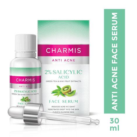charmis anti acne face serum with 2% salicylic acid, green tea & kiwi extracts for clear & glowing skin, 30ml, white