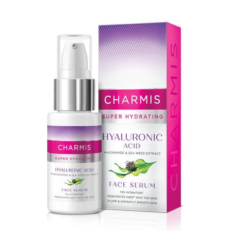 charmis super hydrating face serum for 72h hydration with hyaluronic acid, niacinamide & sea weed extracts for plump and bouncy skin, 30ml, white