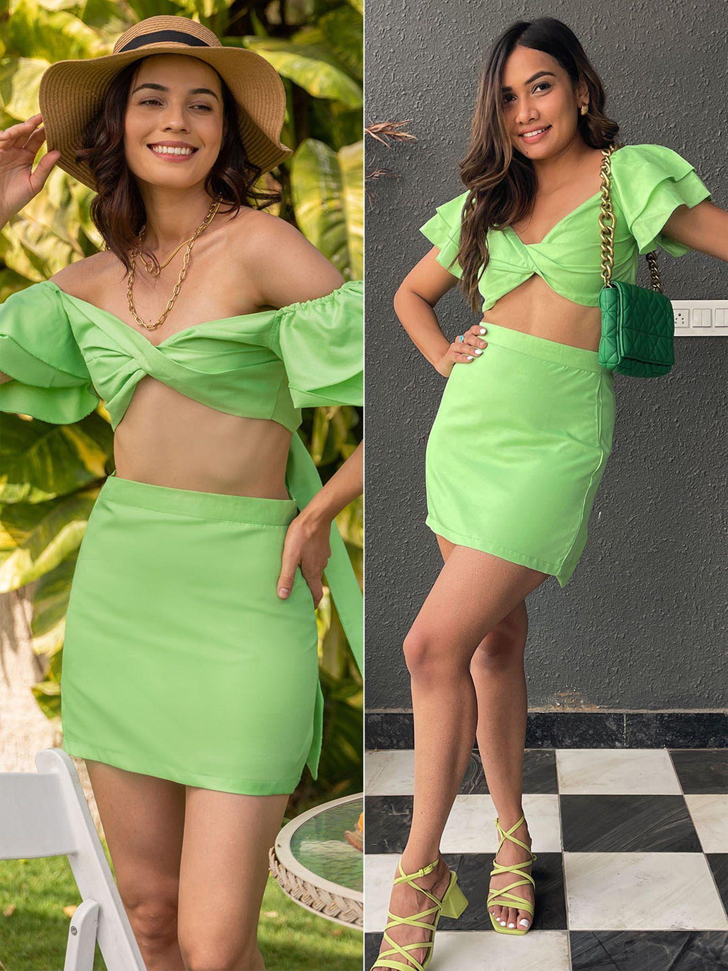 chartreuse silk crop top & skirt (set of 2)