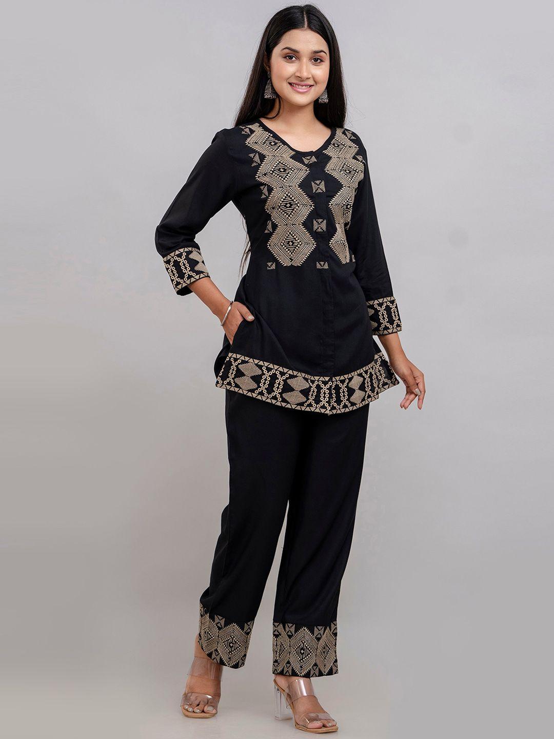 charu embroidered round -neck top & mid-rise trouser co-ords