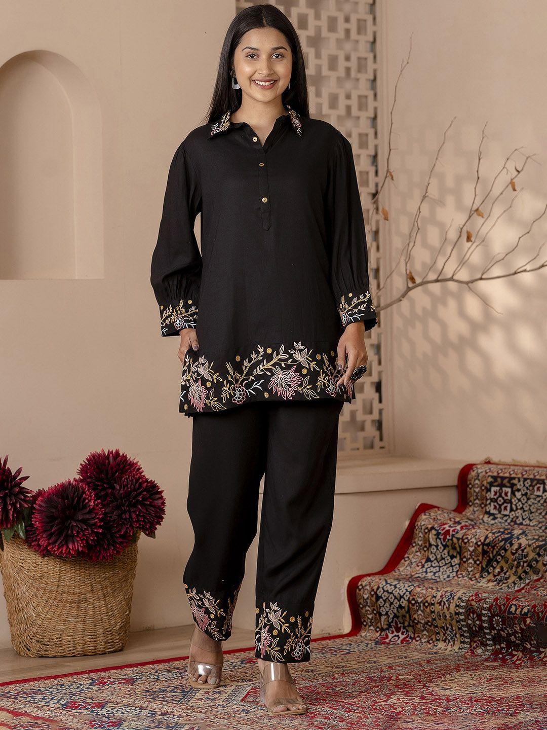 charu floral embroidered shirt collar tunic with trouser