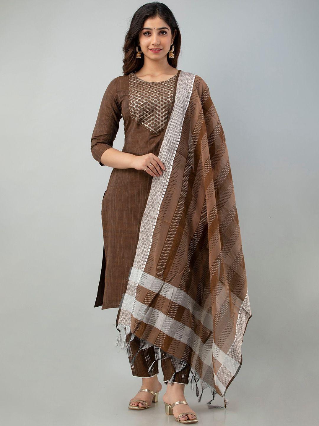 charu women brown thread work kurta with trousers & with dupatta