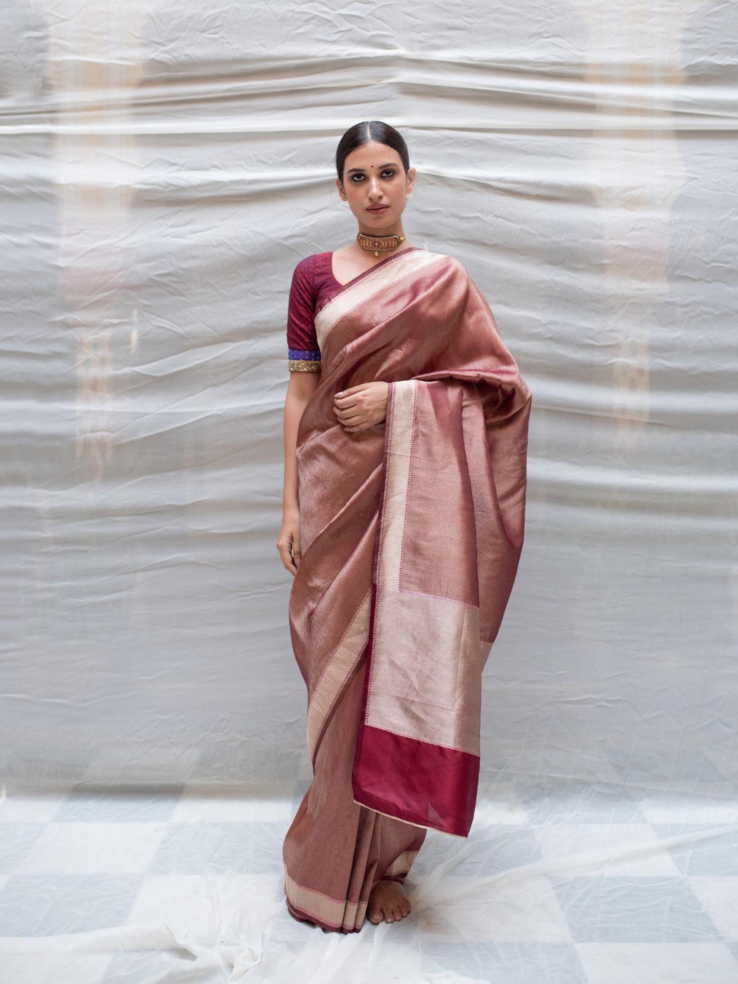 charu burgundy silk tissue banarasi saree with unstitched blouse