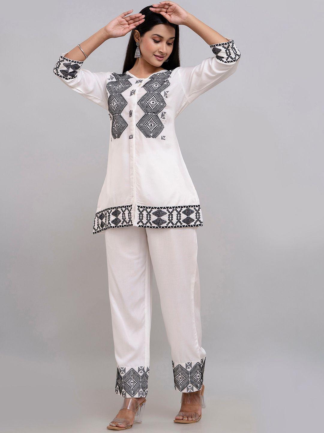 charu embroidered round-neck top & mid-rise trouser co-ords