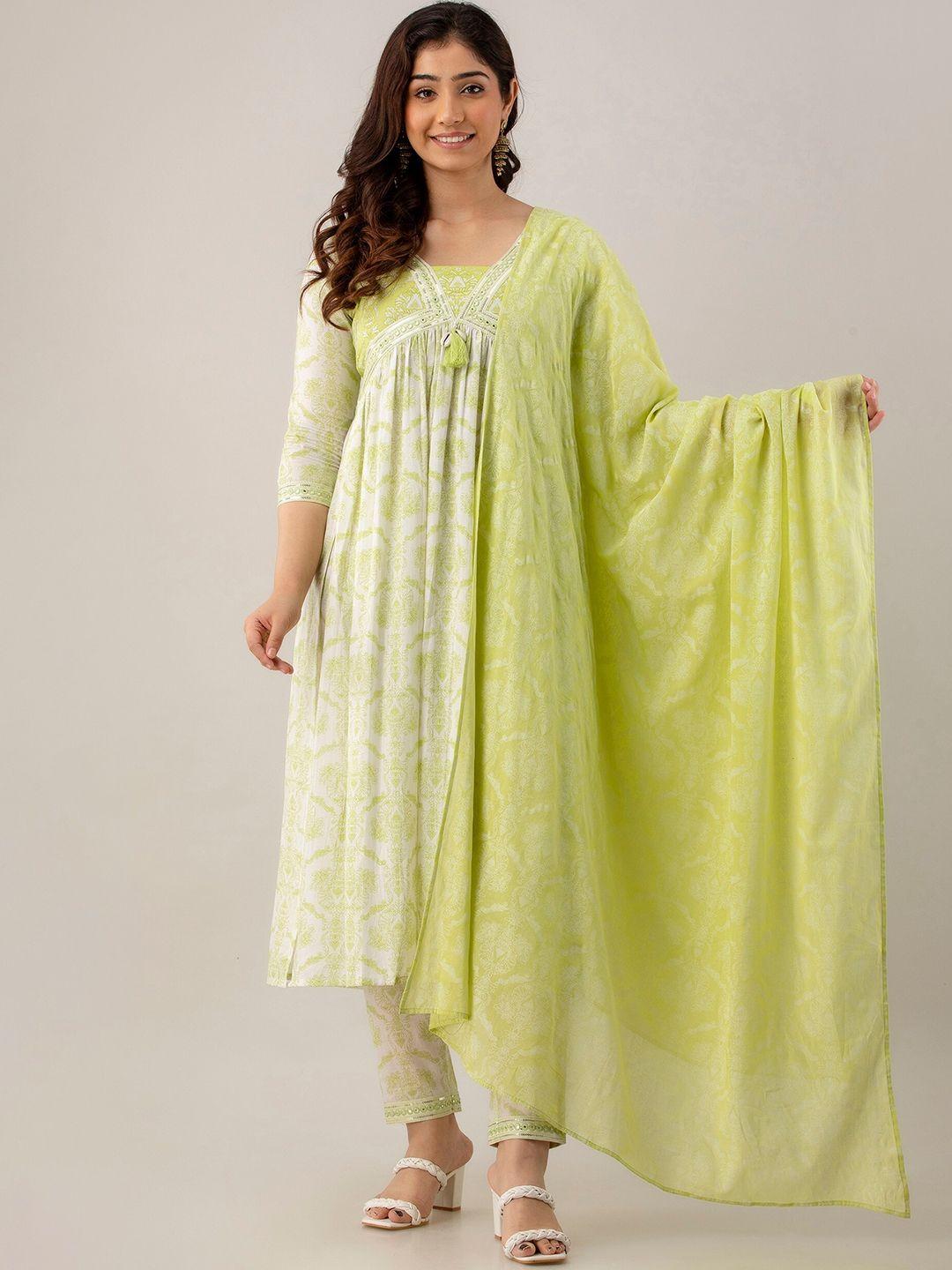 charu ethnic motifs printed mirror work a-line pure cotton kurta with trousers & dupatta