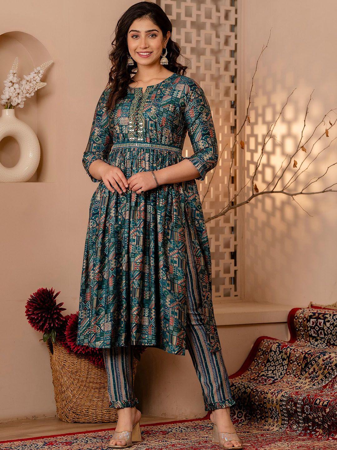 charu ethnic motifs printed mirror work empire a-line kurta with trousers