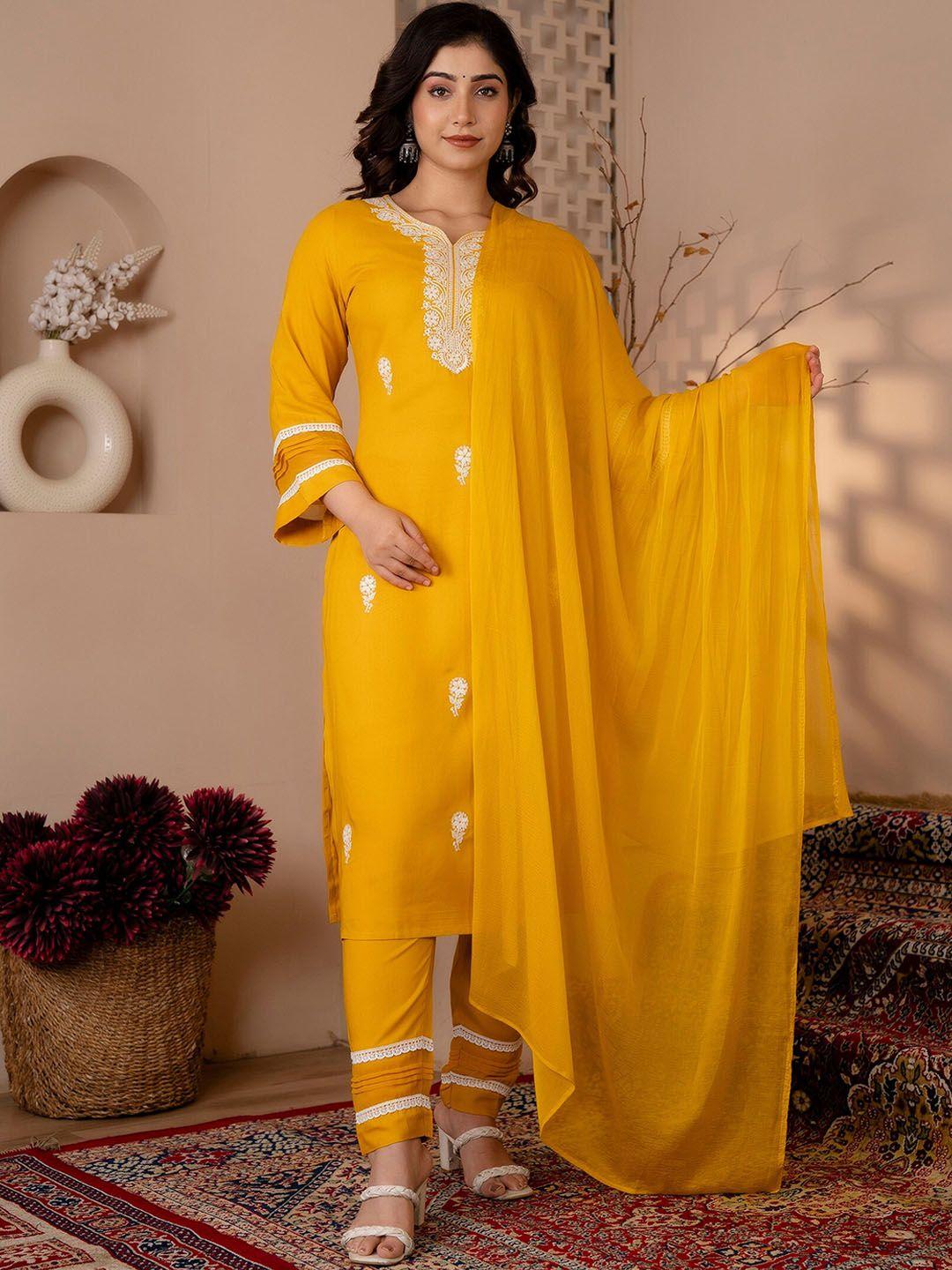 charu floral embroidered gotta patti straight kurta with trousers & dupatta